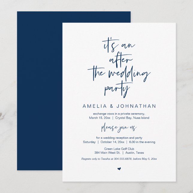 Efter bröllopet, Navy Blue, Elopement-fest Inbjudningar (Fram/baksida)