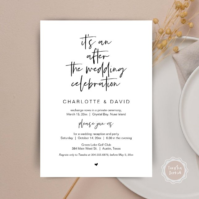 Efter bröllopet, Svarta,Utflyktsparty Inbjudningar (Its an after the wedding celebration, Elopement Dinner Party Invitation Card, PDF, in black white)
