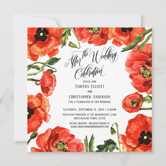 Efter Bröllopsfirande Röda Vallmoblomsterkrans Inbjudningar (Framsida)