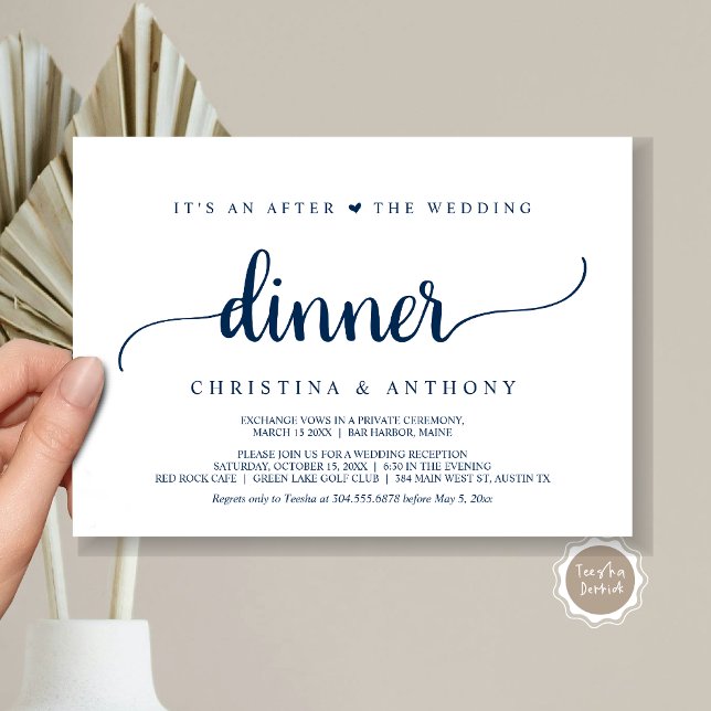 Efter Bröllopsmiddagen, Rustikalt Bröllopsinbjudan Inbjudningar (It's An After The Wedding Dinner, Elopement Invitation Card, Modern Rustic Script in Navy Blue.)