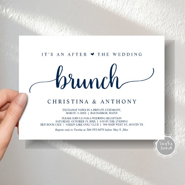 Efter Brunch i Bröllop, inbjudan till Rustic Elope (After The Wedding Brunch, Elopement Invitation Card, Rustic Script in Navy Blue.)