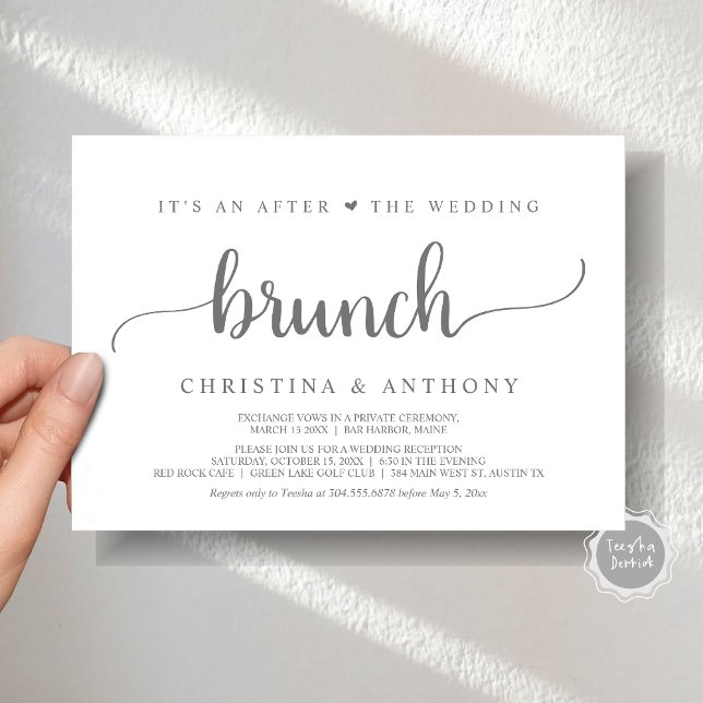 Efter Brunch i Bröllop, inbjudan till Rustic Elope (After The Wedding Brunch, Elopement Invitation Card, Rustic Script in Dark Grey.)