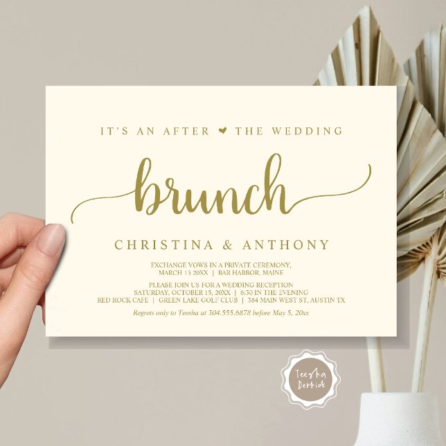 Efter Brunch i Bröllop: Rustic Elopement Inbjudningar (After The Wedding Brunch, Elopement Invitation Card, Rustic Script in gold.)