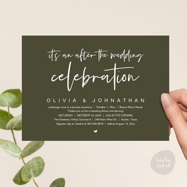 Efter den moderna middagen Bröllop Party vid Firan Inbjudningar (It's an after The Wedding Celebration Modern Dinner Lunch Brunch Party Invites Card  PDF Olive Green)