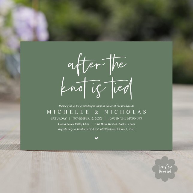 Efter det att knuten har blivit bunden, har den mo inbjudningar (After the knot is tied, Modern Casual Post Wedding Brunch Party Dinner Invites Card PDF  Sage green)