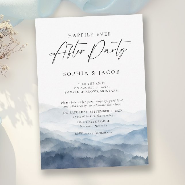 Efter fest Bergskedja Dammig blå Bröllop Inbjudningar (elopement after party invitation mountain wedding dusty blue watercolor misty rustic romantic chic)