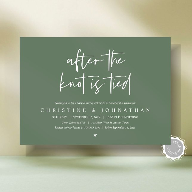 Efter knuten inbjudan efter bröllop till Brunch (After the knot tied, Modern Post wedding Brunch Lunch Dinner Invitation Card, PDF, Forest Sage Green)