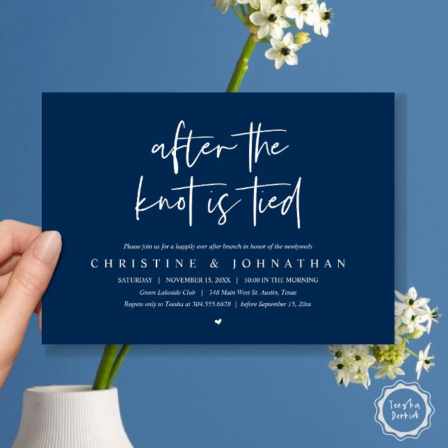 Efter knuten inbjudan efter bröllop till Brunch (After the knot tied, Modern Post wedding Brunch Lunch Dinner Invitation Card, PDF, Navy Blue)