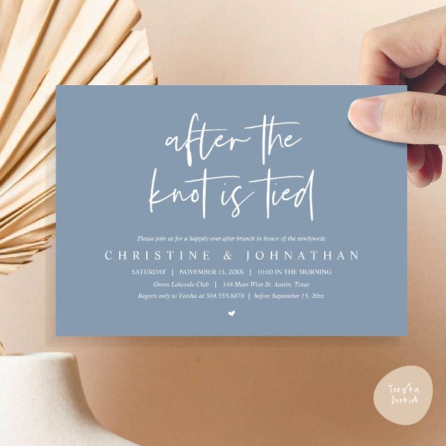 Efter knuten inbjudan efter bröllop till Brunch (After the knot tied, Modern Post wedding Brunch Lunch Dinner Invitation Card, PDF, Dusty Blue)