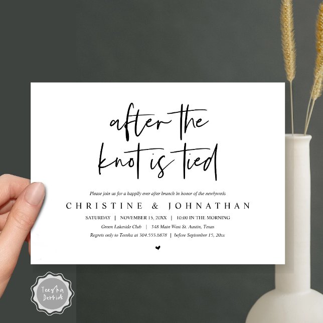 Efter knuten inbjudan efter bröllop till Brunch (After the knot tied, Modern Post wedding Brunch Lunch Dinner Invitation Card, PDF, Black and White)
