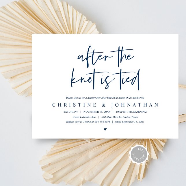 Efter knuten inbjudan efter bröllop till Brunch (After the knot tied, Modern Post wedding Brunch Lunch Dinner Invitation Card, PDF, Navy Blue)