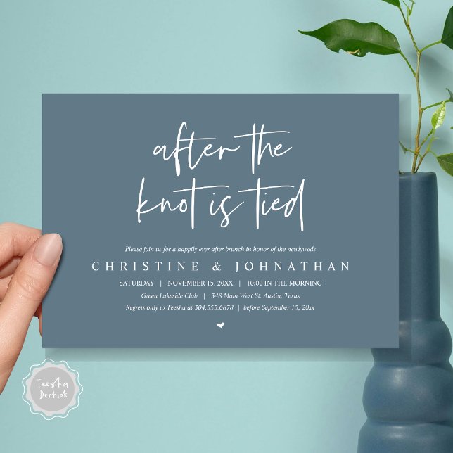 Efter knuten inbjudan efter bröllop till Brunch (After the knot tied, Modern Post wedding Brunch Lunch Dinner Invitation Card, PDF, Dark Dusty Blue)