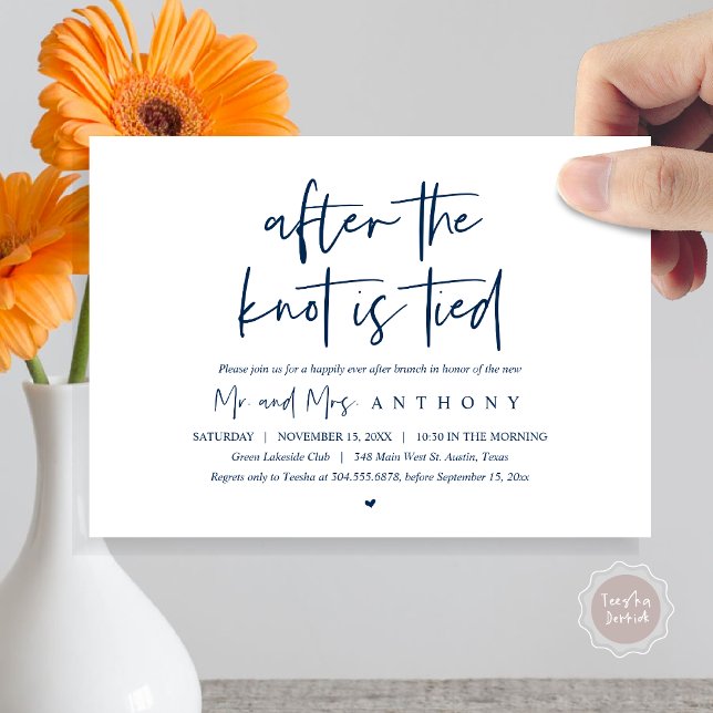 Efter knuten, lyckligtvis efter Brunch. Inbjudningar (After The Knot Is Tied, Post Wedding Brunch Invitation Card, PDF, Modern Script, Navy Blue)