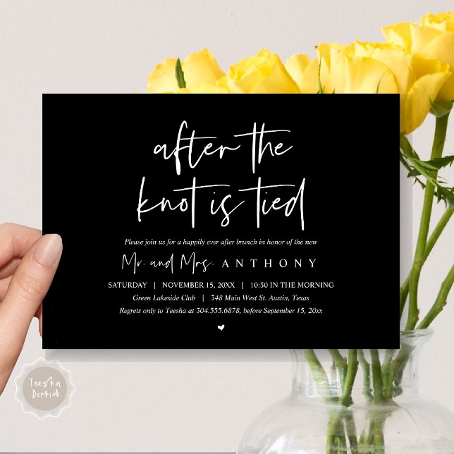 Efter knuten, lyckligtvis efter Brunch. Inbjudningar (After The Knot Is Tied, Post Wedding Brunch Invitation Card, PDF, Modern Script, Elegant Black)