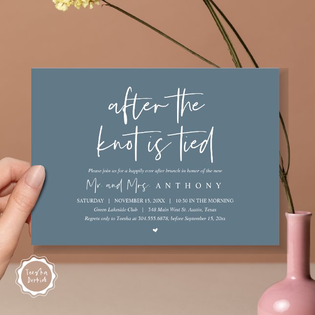 Efter knuten, lyckligtvis efter Brunch. Inbjudningar (After The Knot Is Tied, Post Wedding Brunch Invitation Card, PDF, Modern Script, Dark Dusty Blue)