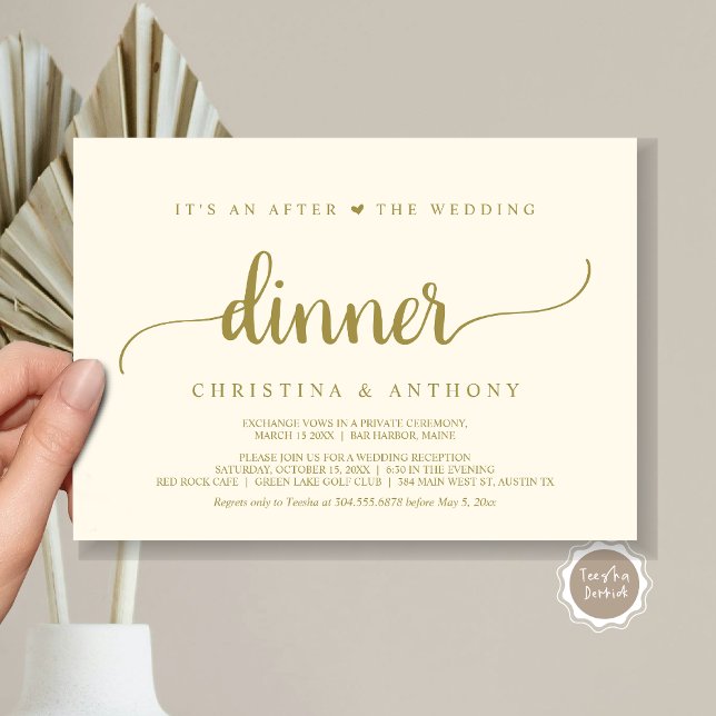 Efter middagen i Bröllop: Rustic Elopement Inbjudningar (It's An After The Wedding Dinner, Elopement Invitation Card, Modern Rustic Script in Classy Gold.)