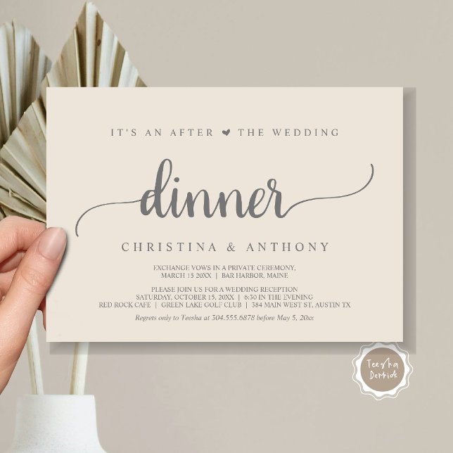 Efter middagen i Bröllop: Rustic Elopement Inbjudningar (It's An After The Wedding Dinner, Elopement Invitation Card, Modern Rustic Script in Grey and Cream.)