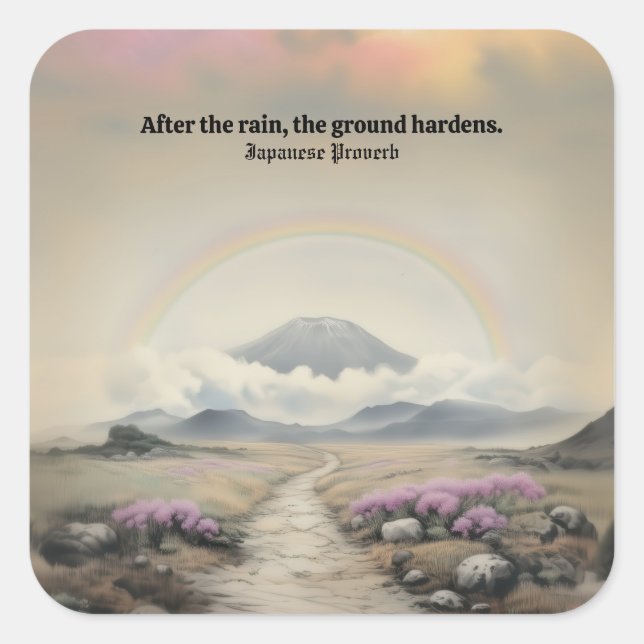 Efter regnet (japansk vattenfärgslandskapskonst) fyrkantigt klistermärke (Framsida)