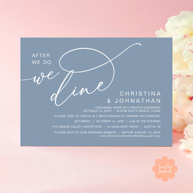 Efter vi gör det, äter vi middag, Romantisk bröllo Inbjudningar (After We Do We Dine Romantic Wedding Dinner Party Invitation Card Modern Boho PDF Rustic Dusty Blue)