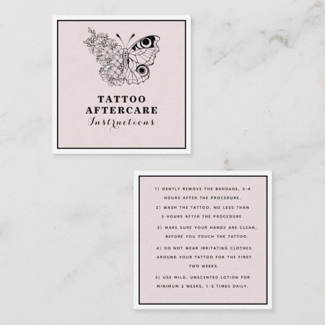 Efterbehandlingsanvisningar för fjäril Blommigt Ög Fyrkantigt Visitkort (Fram/baksida)