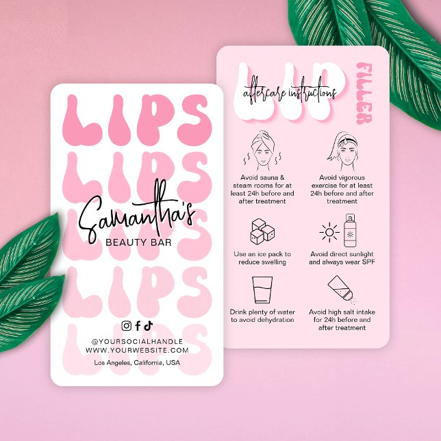 Efterbehandlingsanvisningar för Retro Rosa Logotyp Visitkort (Trendy lip filler aftercare cards featuring pink hues, retro fonts and lips care icons)