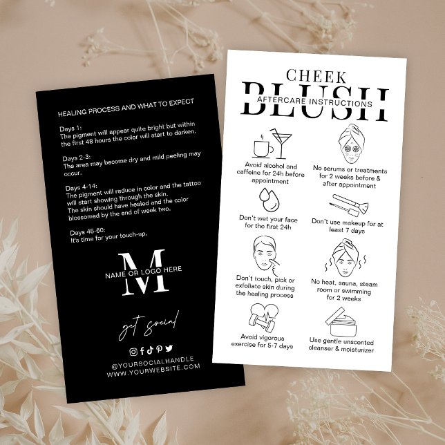  efterbehandlingsinstruktion för minimal Logotyp Visitkort (Minimal cheek blushing treatment aftercare cards with icons in modern black & white design)