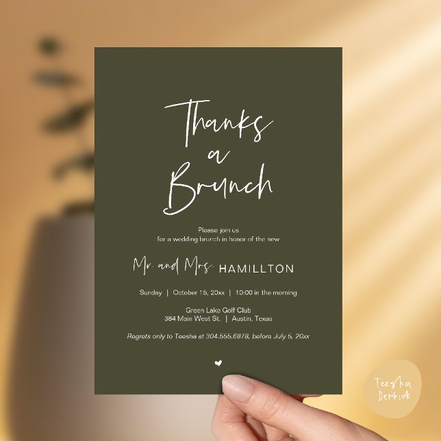 Efterbröllopsfirande, tack för en brunch inbjudningar (Thanks a Brunch, Post modern wedding celebration, wedding crew, Invitation card, Olive Sage Green)
