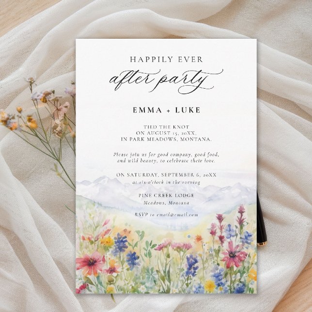 Efterfest Berg Äng Vilda Blommor Bröllop Inbjudningar (elopement after party invitation happily ever mountain wildflowers meadow watercolor modern)