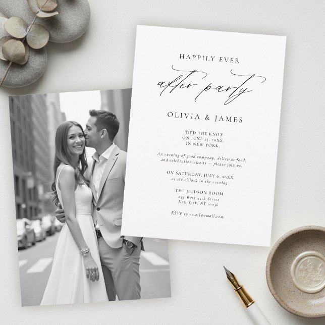 Efterfest Modern Minimalistisk Typ Foto Bröllop Inbjudningar (modern minimalist wedding after party invite typography calligrahy black white city contemporary )