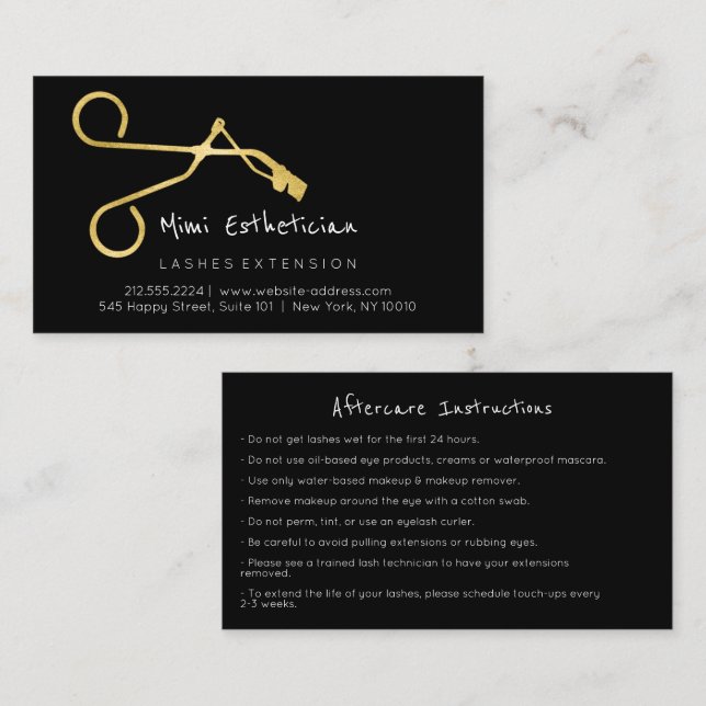 Efterhandsinstruktioner: Lash Curve Guld Black Visitkort (Fram/baksida)