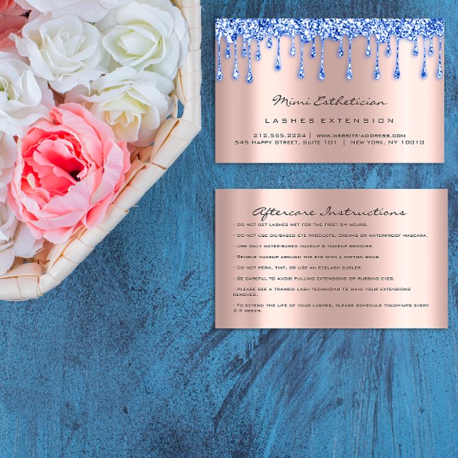 Efterhandsinstruktioner Lash Ro Drip Makeup Blue Visitkort (Aftercare Instructions Lash Rose Drip Makeup Blue Business Card)