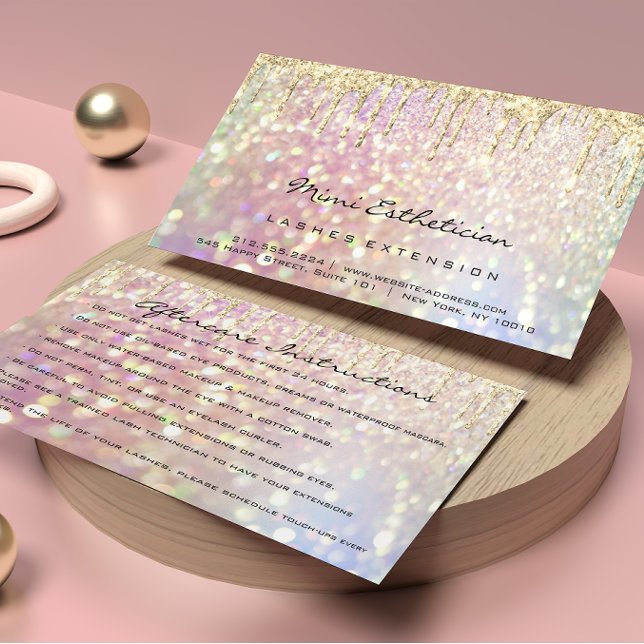 Efterhandsinstruktioner Lash Ro Guld Drip Glitter Visitkort (Aftercare Instructions Lash Rose Gold Drip Glitter Business Card)