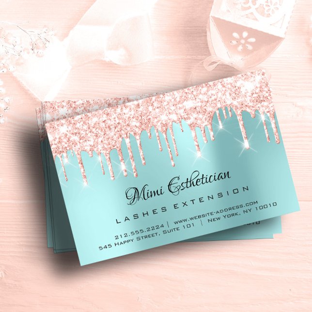 Efterhandsinstruktioner Lash Ro Guld Drips Blue Visitkort (Aftercare Instructions Lash Rose Gold Drips Blue Business Card)