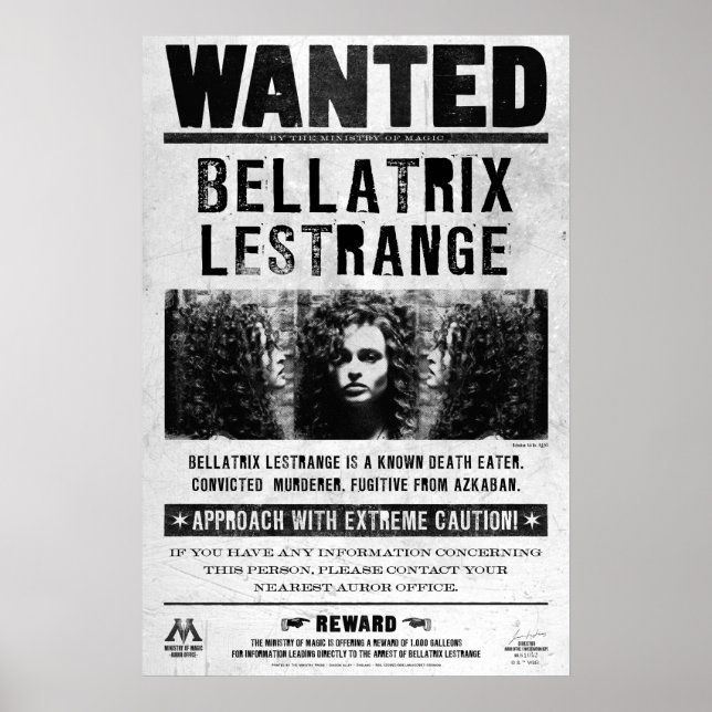 Efterlysningsaffisch för Bellatrix Lestrange Poster (Framsidan)