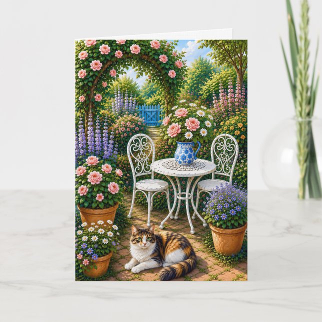 Eftermiddag i trädgården, katt  kort (Framsida)