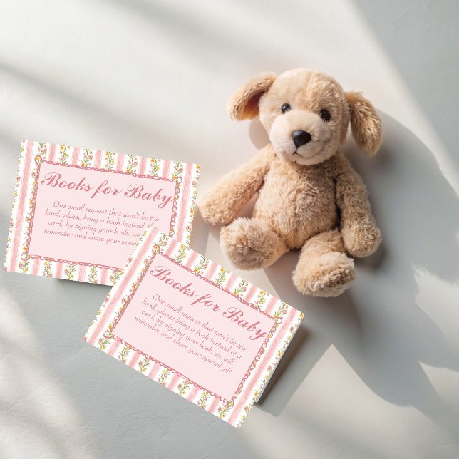Eftermiddagste-partaj babyshow bokförfrågan tilläggskort (Afternoon tea party pink stripes grand millennial preppy baby shower book request enclosure card)