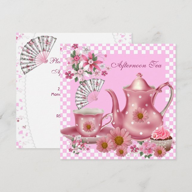 Eftermiddagstea Cupcake Rosa Blommig Tekanna Fläkt Inbjudningar (Fram/baksida)