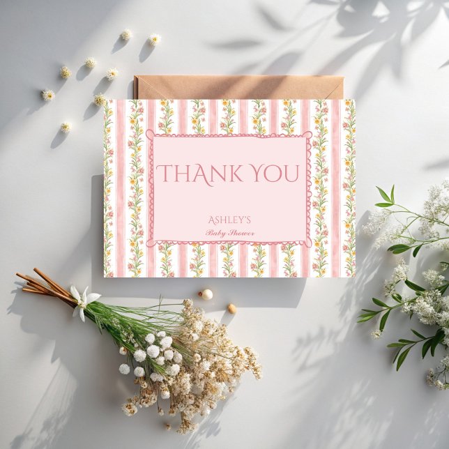 Eftermiddagstest party barnsköljning för barn tack kort (Afternoon tea party grandmillenial baby shower thank you cards pink stripes retro thank you cards)