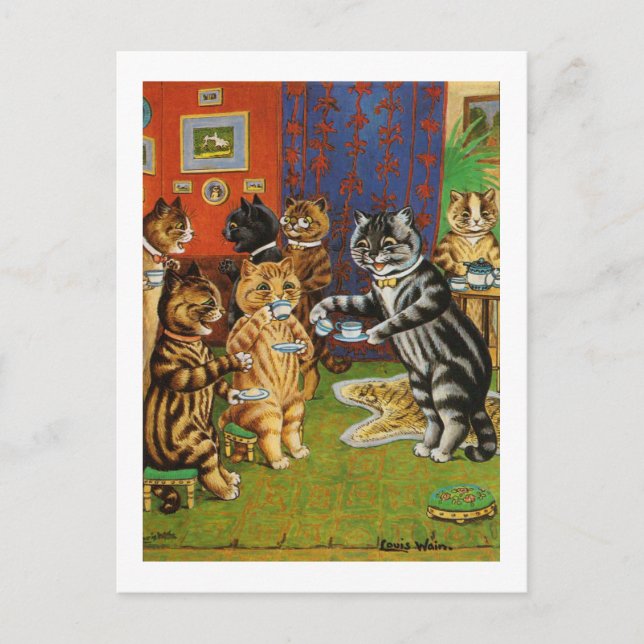 Eftermiddagstid Tea Cats, Louis Wain Vykort (Framsida)