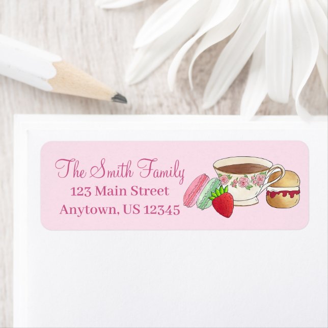 Eftermiddagstid Tea Party Macarons Tekopp Cream Sc Returadress Etikett (Insitu)