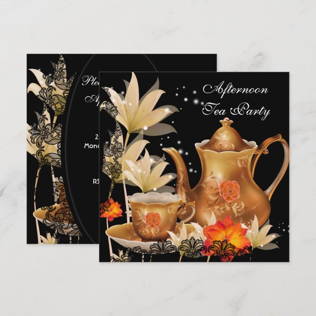 Eftermiddagstid Tea Party Vintage Black guld Tekan Inbjudningar (Fram/baksida)