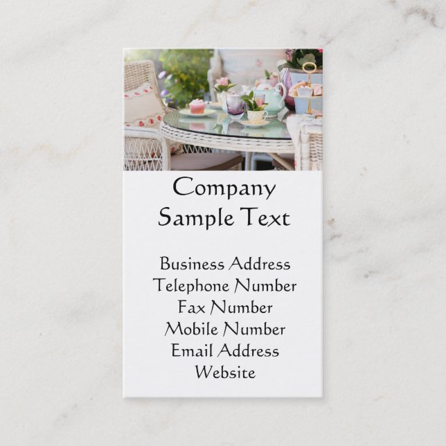 Eftermiddagtea och tårtor i trädgården visitkort (Framsida)