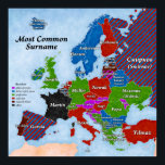 Efternamn Europa Karta Poster<br><div class="desc">Karta visar de vanligaste efternamnen i Europa vid land,  färgad enligt innebörden i namn.</div>