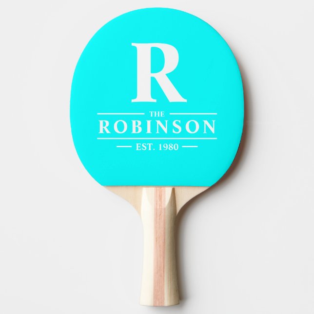 Efternamn & Initial Elektrisk Retro Cyan Pingisracket (Framsidan)