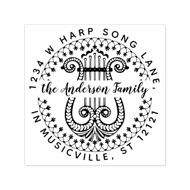 Efternamn Returadress | Elegant Ornamenterad Harpa Självfärgande Stämpel (Design)