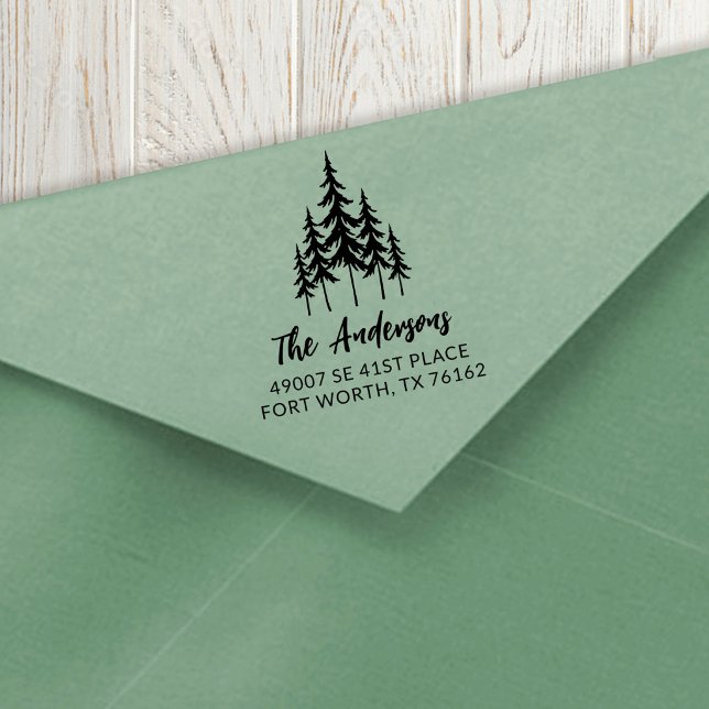 Efternamn Tall Returadress Stämpel (An elegant pine tree return address rubber stamp. Great for Christmas and any occasion)