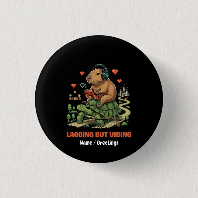 Eftersläntra men vibbar Rolig Capybara & Sköldpadd Knapp (Framsida)