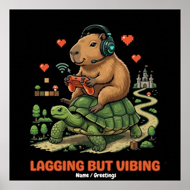 Eftersläpande men vibbar Rolig Capybara & Sköldpad Poster (Framsidan)