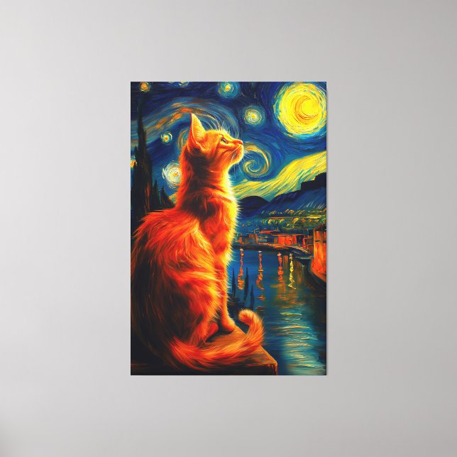 Eftertänksam Ginger Katt | Stjärnklar Natt Himmel Canvastryck (Framsida)