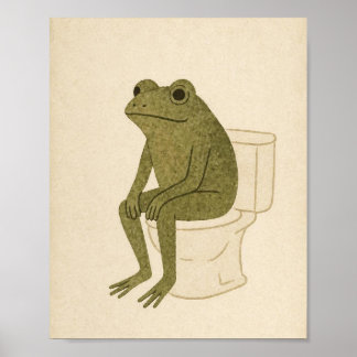 Eftertänksam groda som sitter på en toalett Vintag Poster